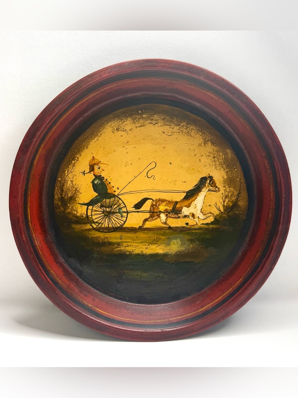 PETER OMPIR Signed Vintage Folk Art Hand Painted Tin Deep Tray Horse and Driver